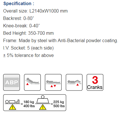 3 crank manual hospital bed specification